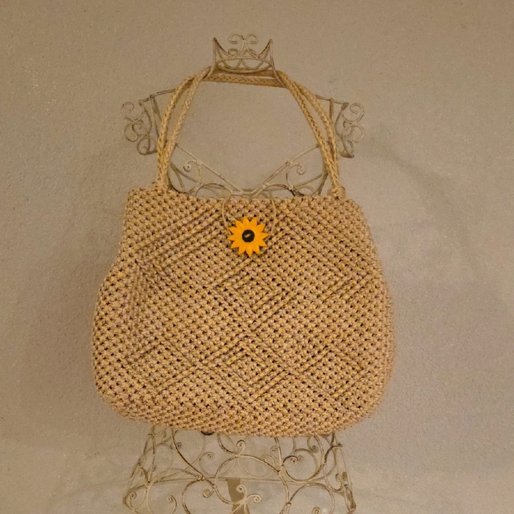 Woven Tan Tote Bag with Yellow Flower Accent